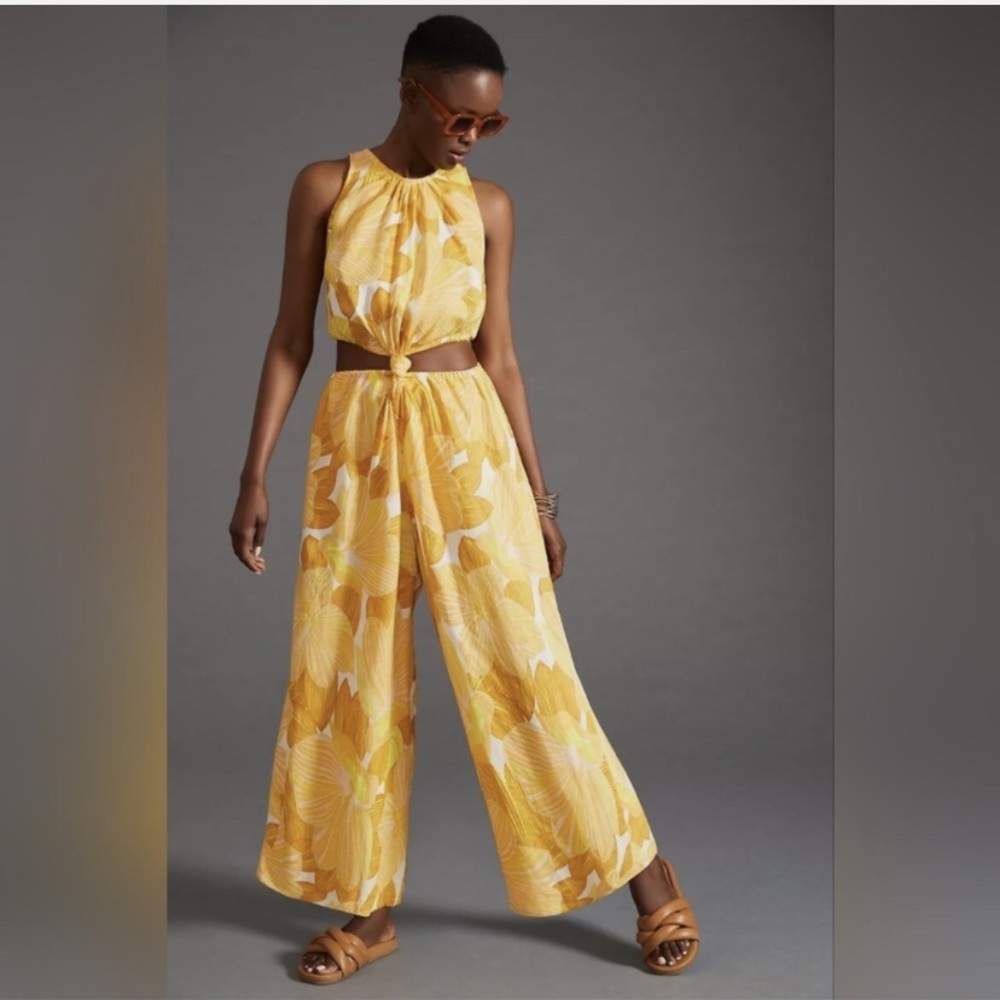 New Anthropologie Faithfull the Brand Zeta Cutout Linen Wide Leg Jumpsuit 8